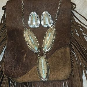 Signed Dean Sandoval Ribbon Royston Turquoise 3 Stone Necklace and Earrings